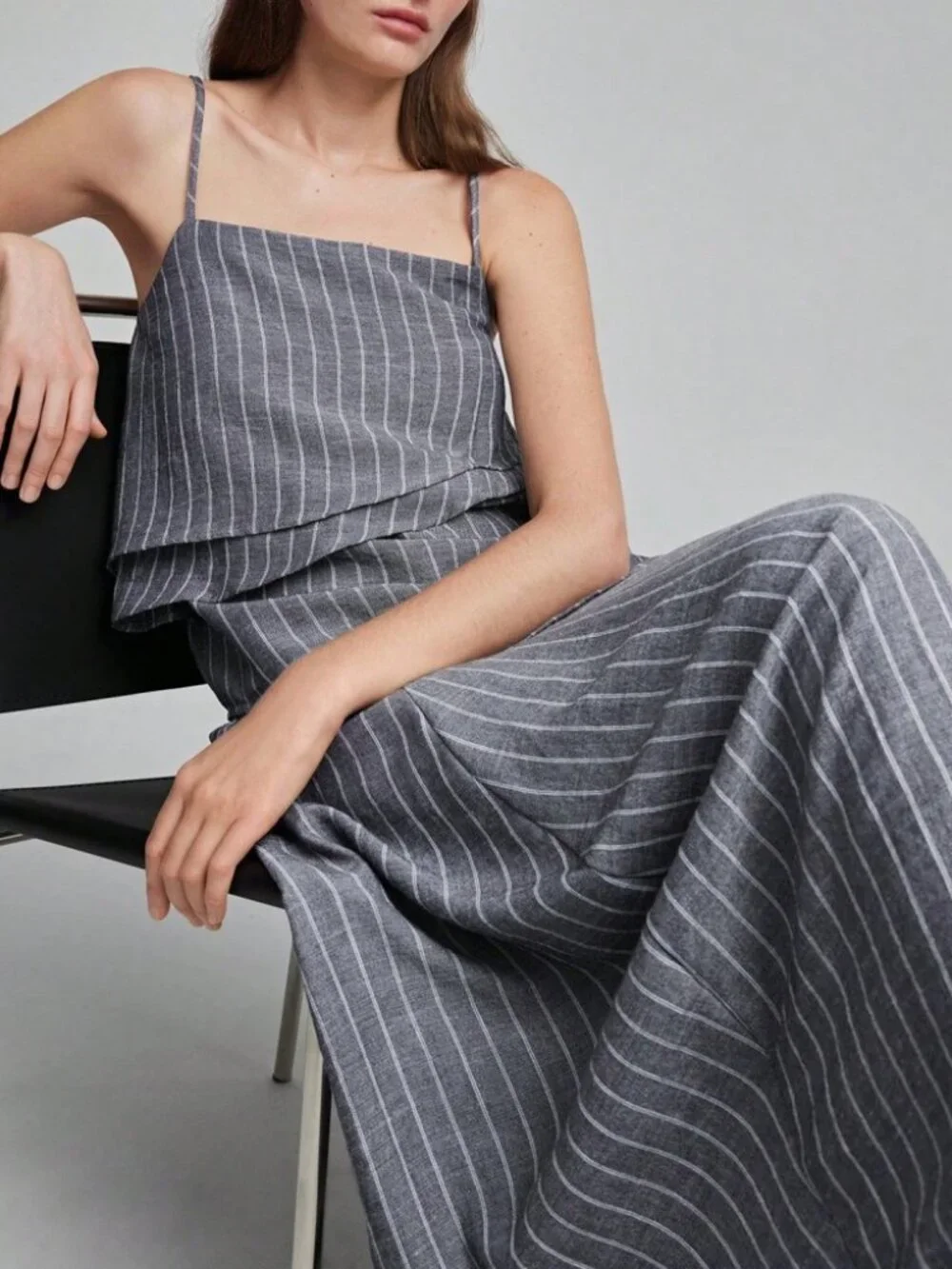 Gray Pinstripe Tiered Cami Top & Maxi Skirt Set